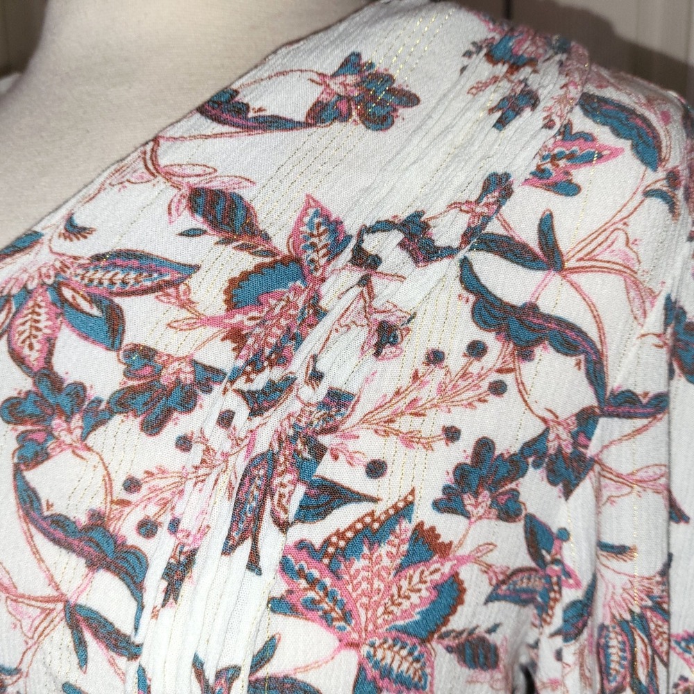 One World White Floral Boho Button 3/4 Balloon Sleeve Peasant Festival Blouse L - Picture 7 of 11